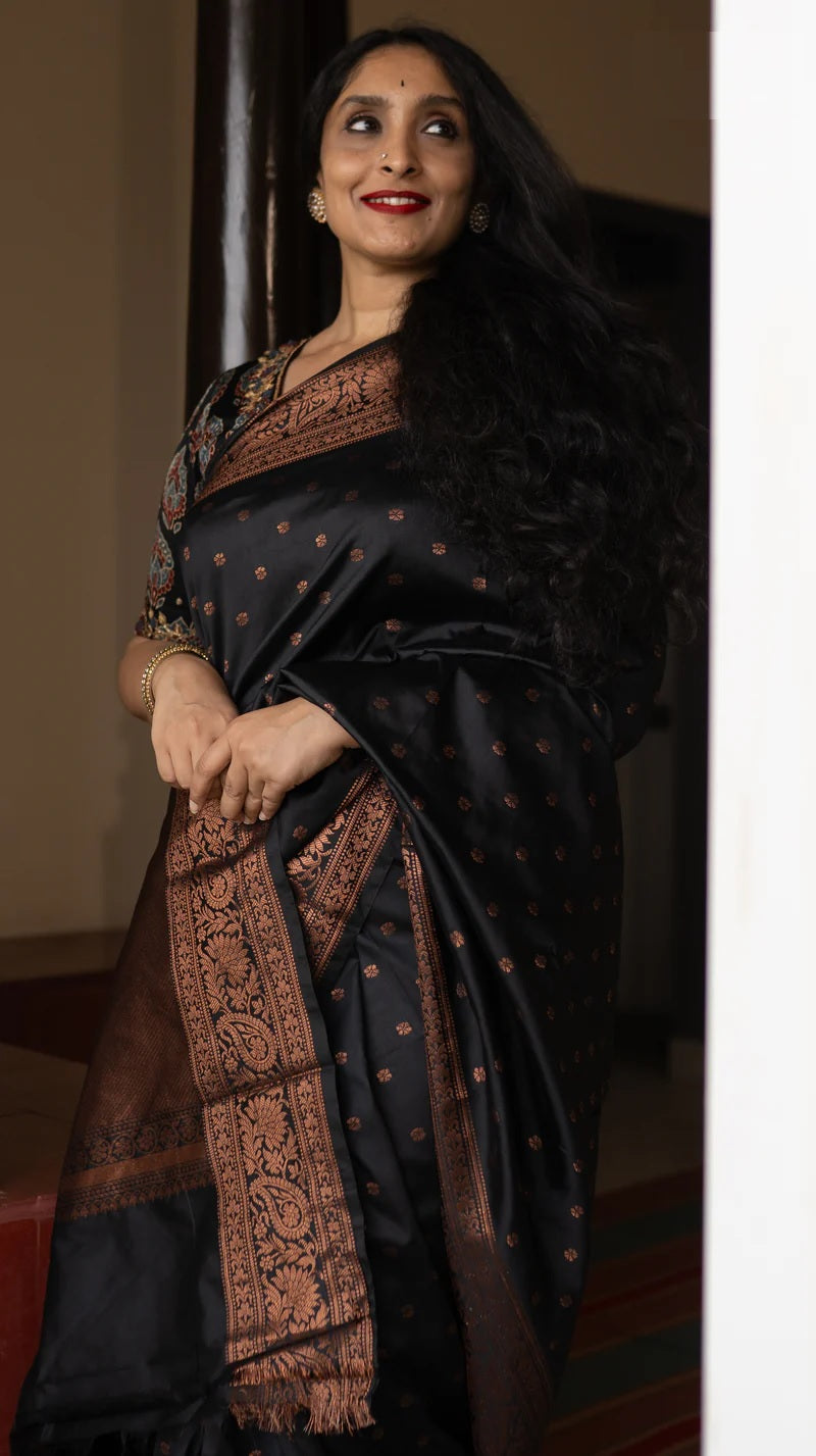 Elegant Black Satin Saree – Perfect Evening Glam