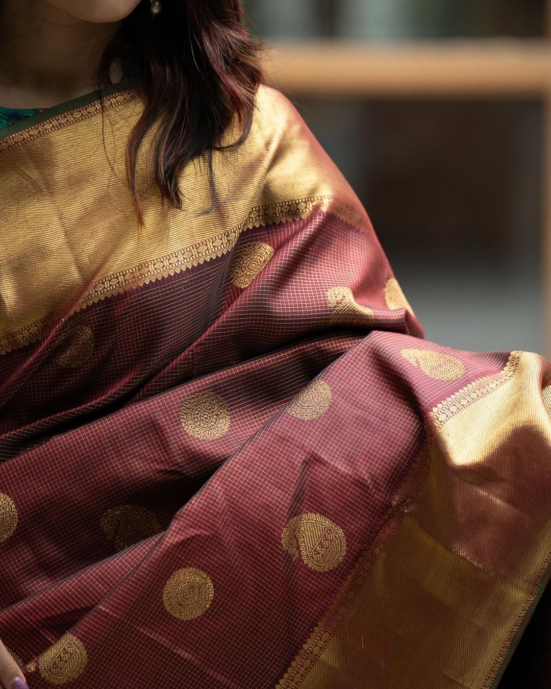 Maroon Silk Saree with Golden Zari Border