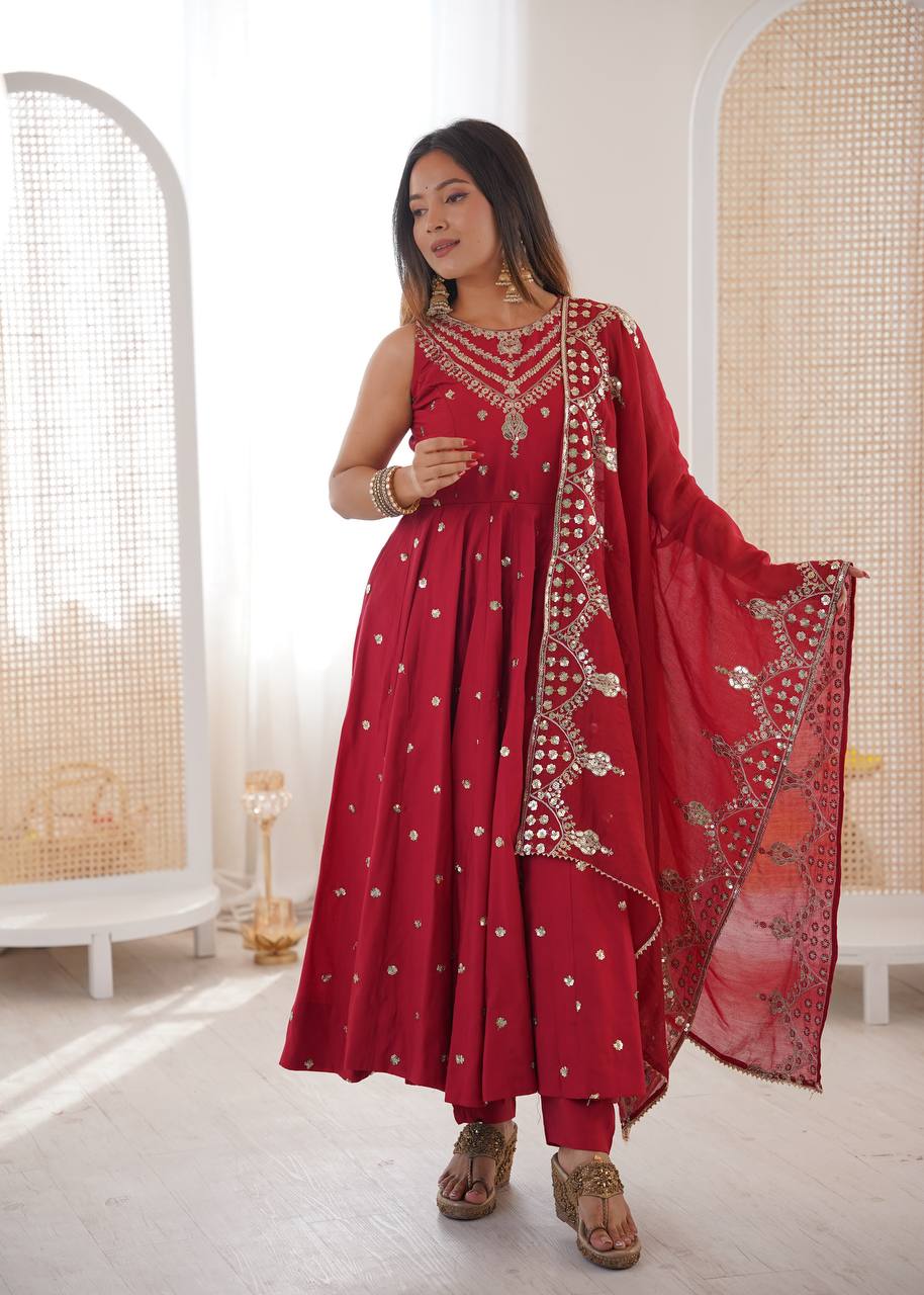 Sleeveless Heavy Yoke Embroidered Anarkali Suit with Cutwork Mirror Border Dupatta Set for Women