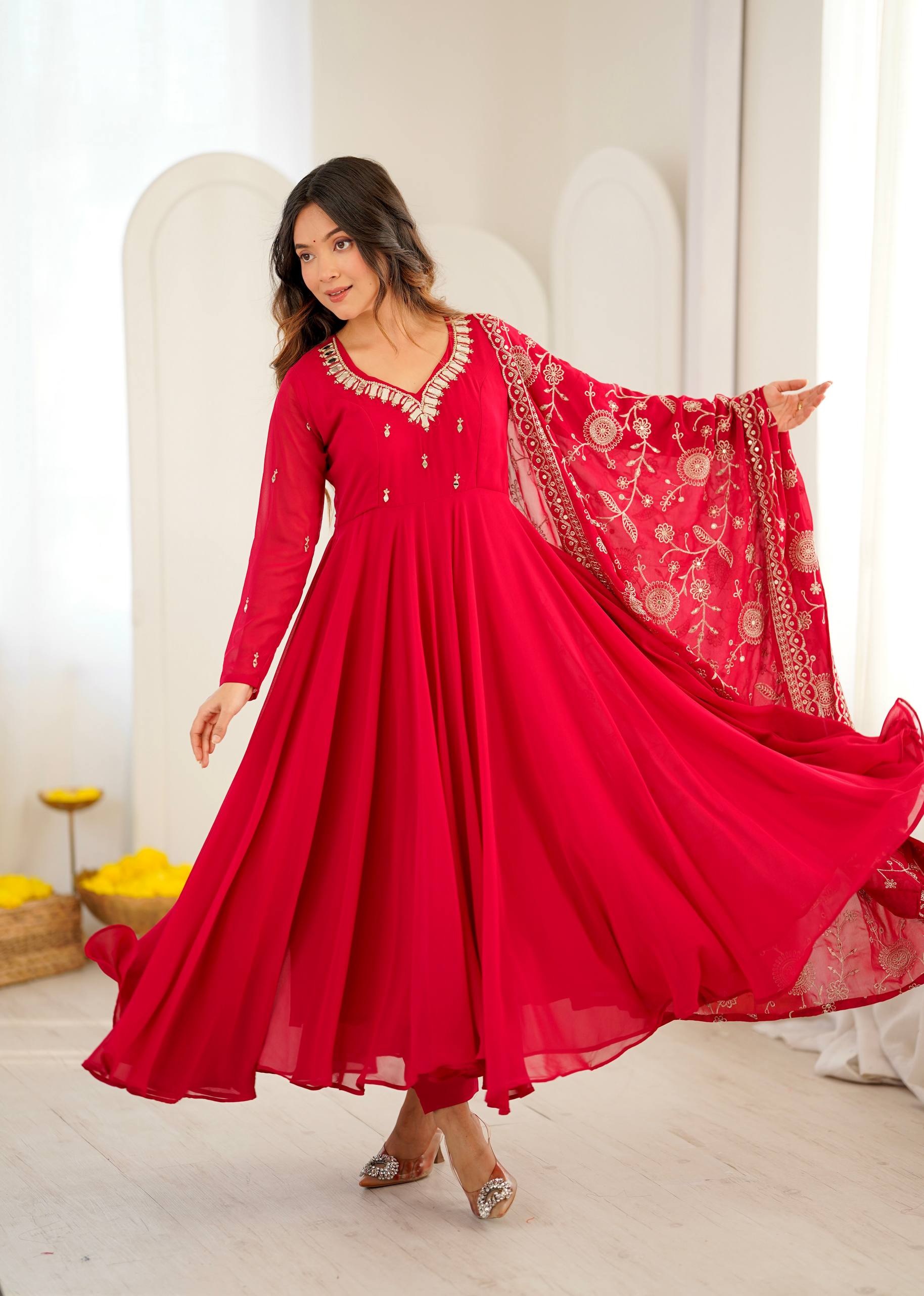 Crimson Red Georgette Anarkali Suit Set with Mirror Neckline & Embroidered Dupatta
