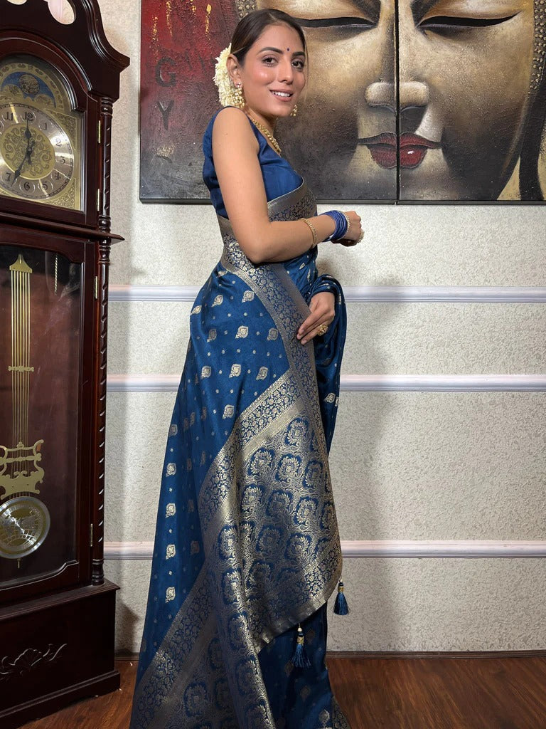 Steel Rama Silk Saree with Gold Zari Work