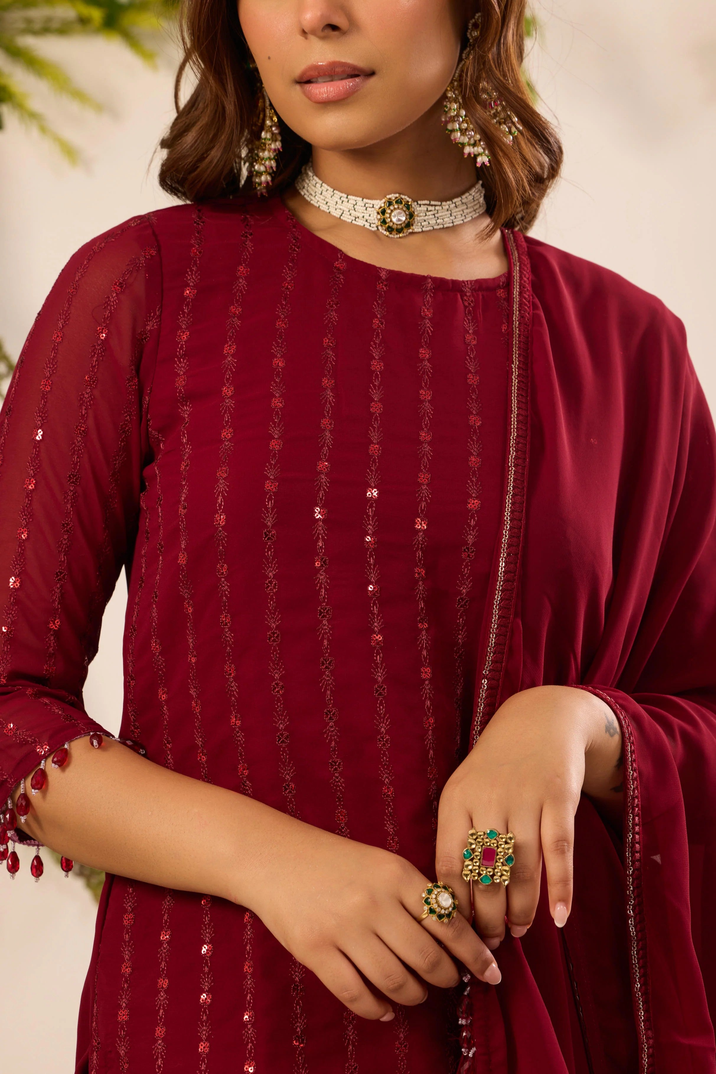 Elegant Maroon Georgette Sequin Embroidery Kurti with Pleated Sharara Pants & Matching Dupatta Set for Women