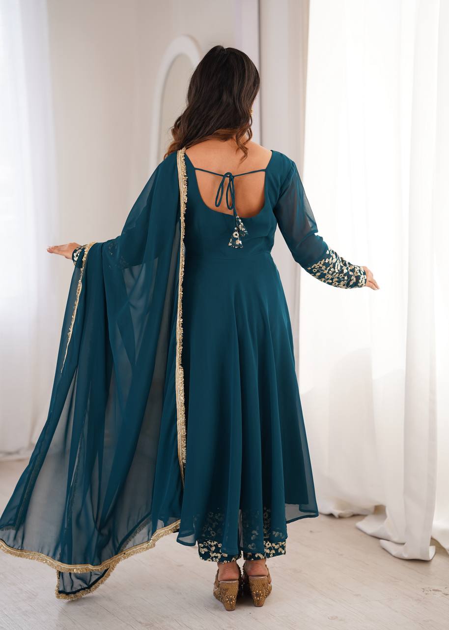 Teal Blue Georgette Anarkali Suit Set with Embroidered Sleeves & Lace Dupatta