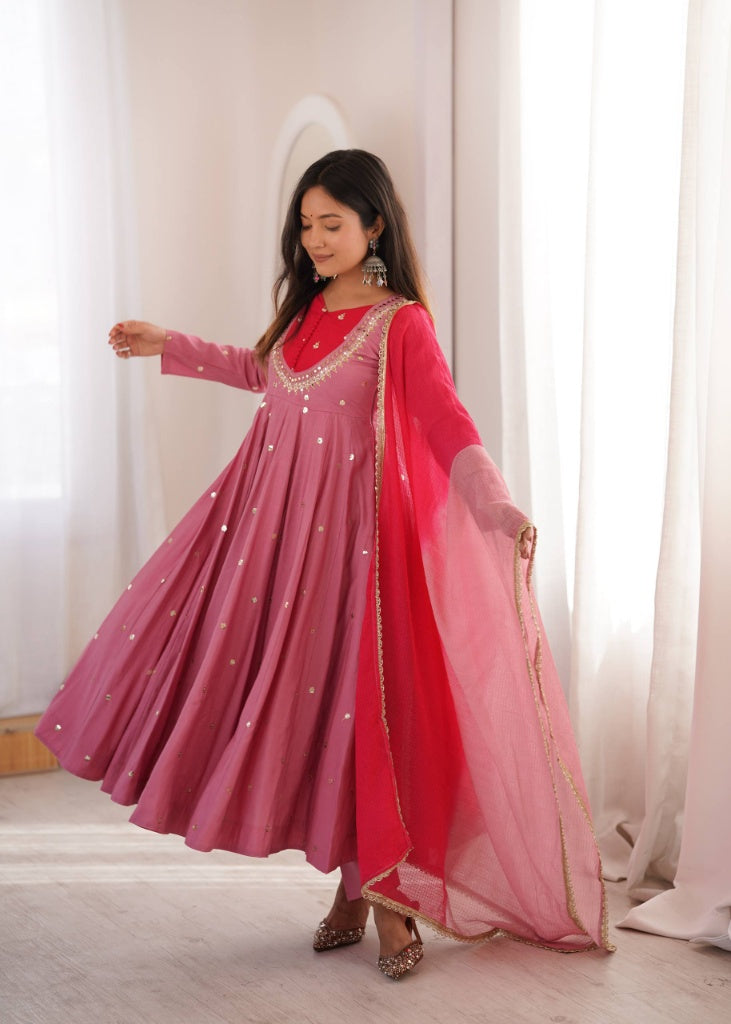 Contrast Yoke Silk Anarkali Suit Set with Dual-Tone Dupatta