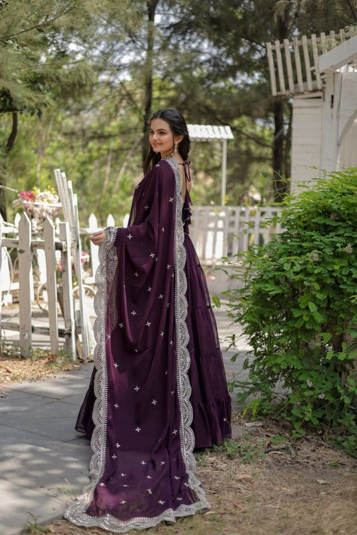 Dark Purple Anarkali Gown with Embroidered Dupatta for Women