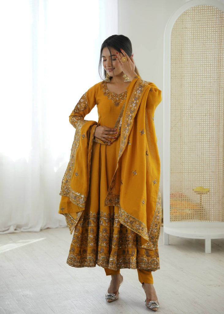 Flared Anarkali Suit Set with Intricate Border Embroidery & Matching Dupatta
