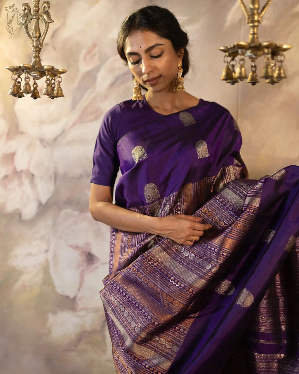 Royal Purple Silk Saree with Gold Zari Motifs & Rich Pallu