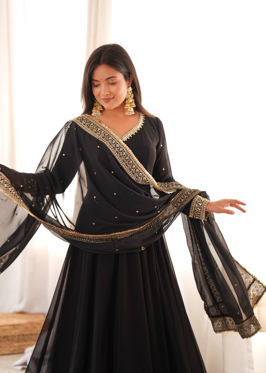 Solid Black Georgette Anarkali Suit Set with Embellished Mirror Lace Dupatta