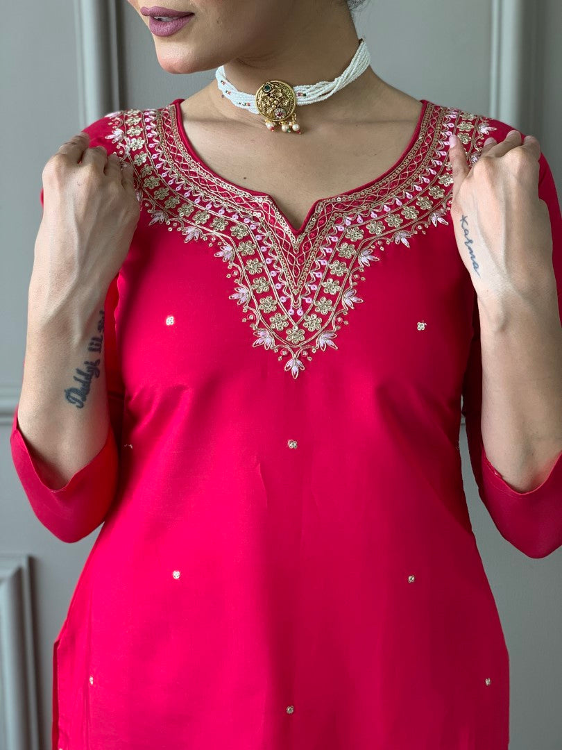 Pink Embroidered Straight Kurta Set