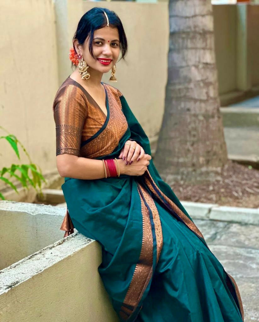 Turquoise Silk Saree with Rich Zari Border