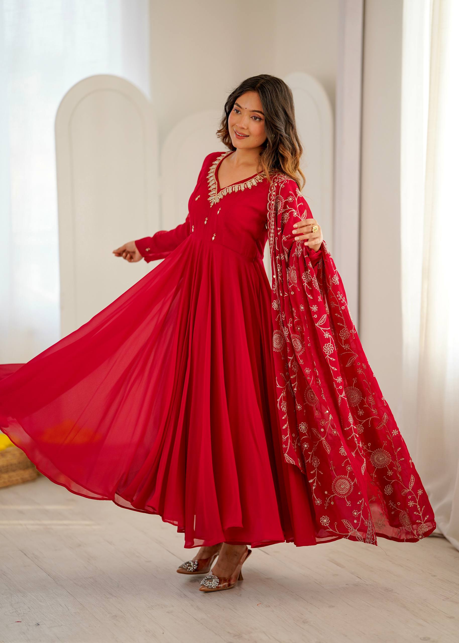 Crimson Red Georgette Anarkali Suit Set with Mirror Neckline & Embroidered Dupatta
