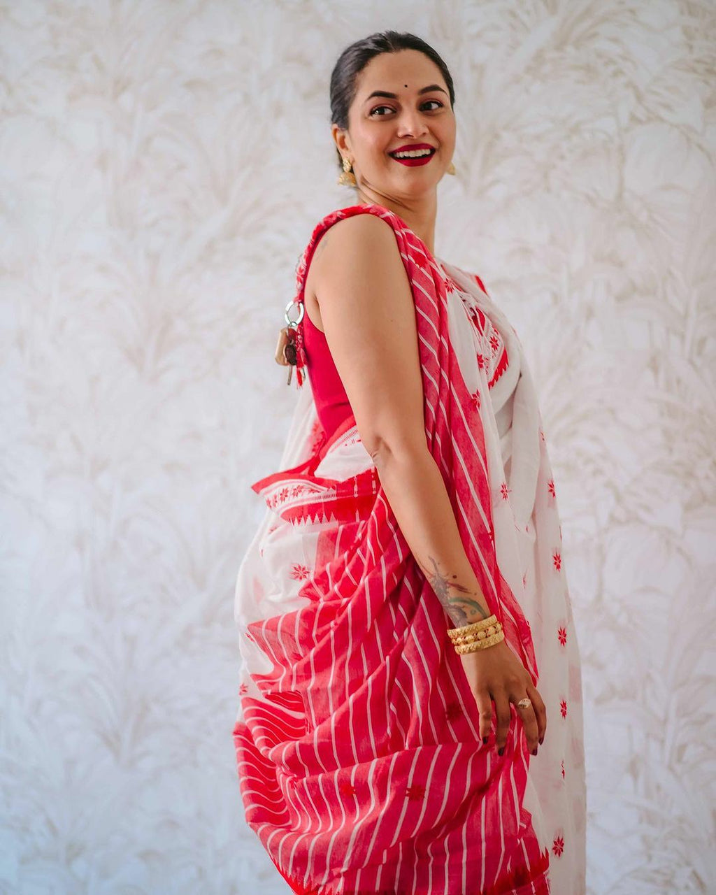 White Cotton Silk Saree with Red Border