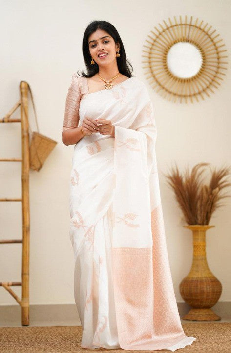 Elegant White Soft Silk Saree with Peach Border for Women