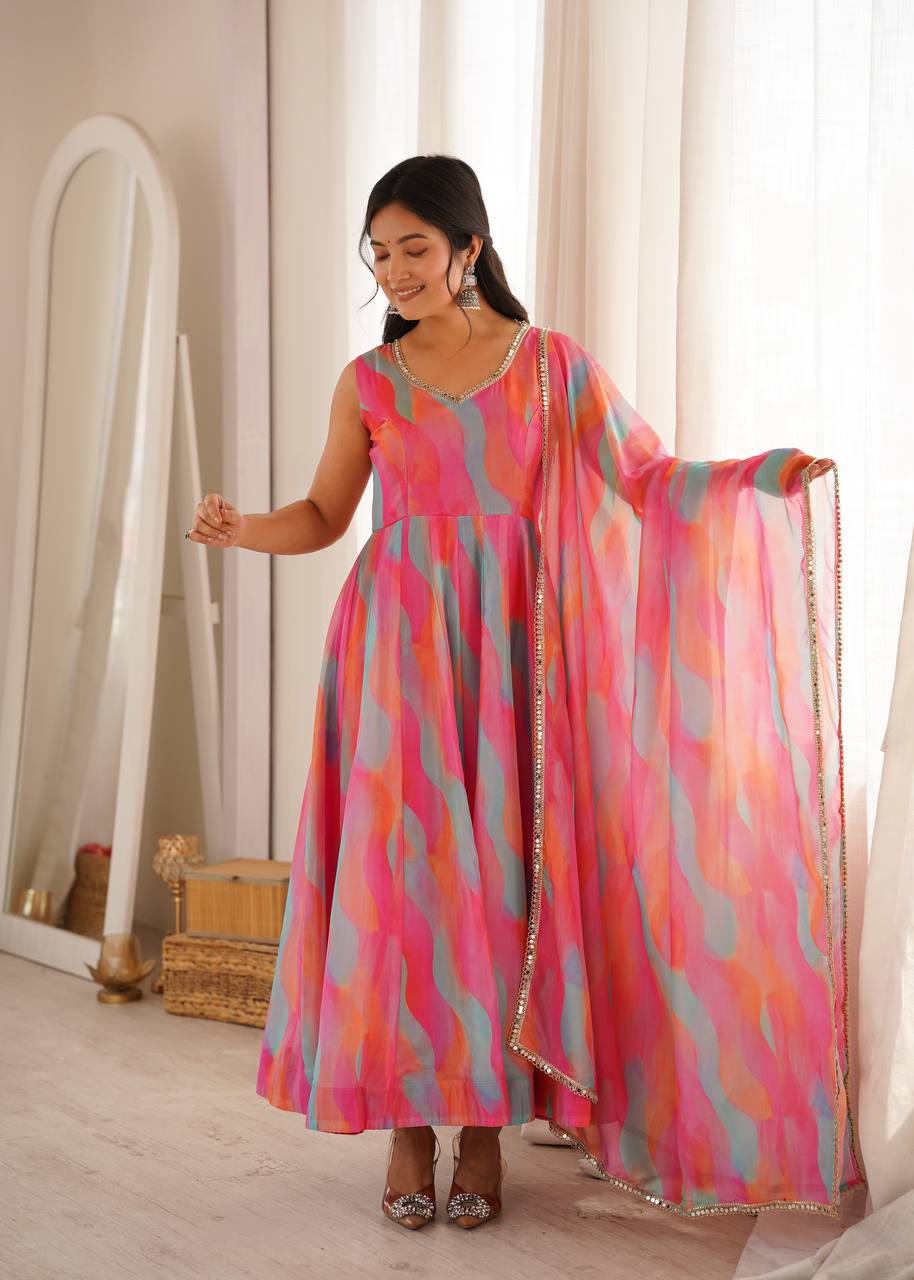 Multi-Color Abstract Printed Anarkali Suit Set with Dupatta