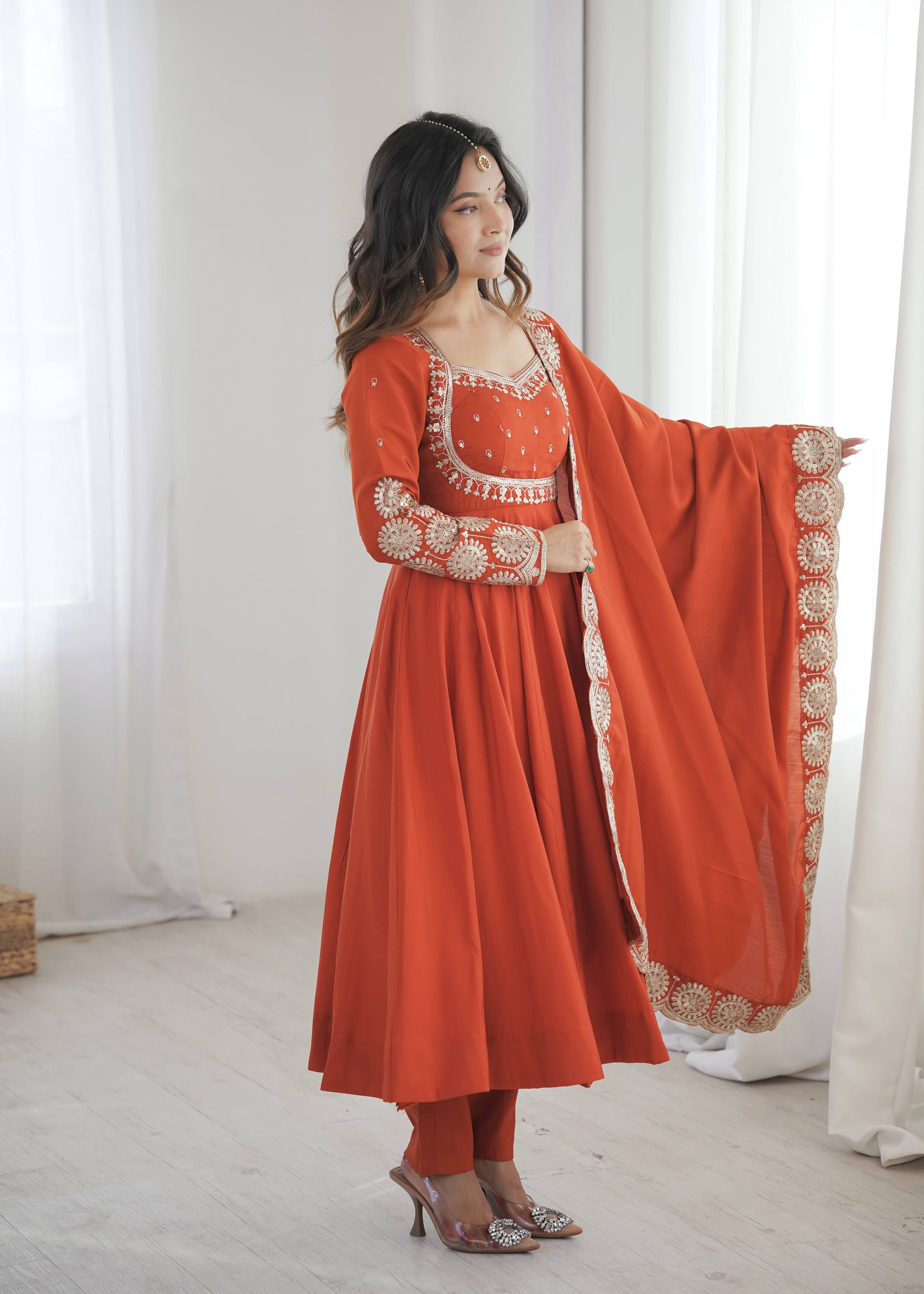 Rust Orange Georgette Anarkali Suit Set with Embroidered Bodice & Cutwork Dupatta