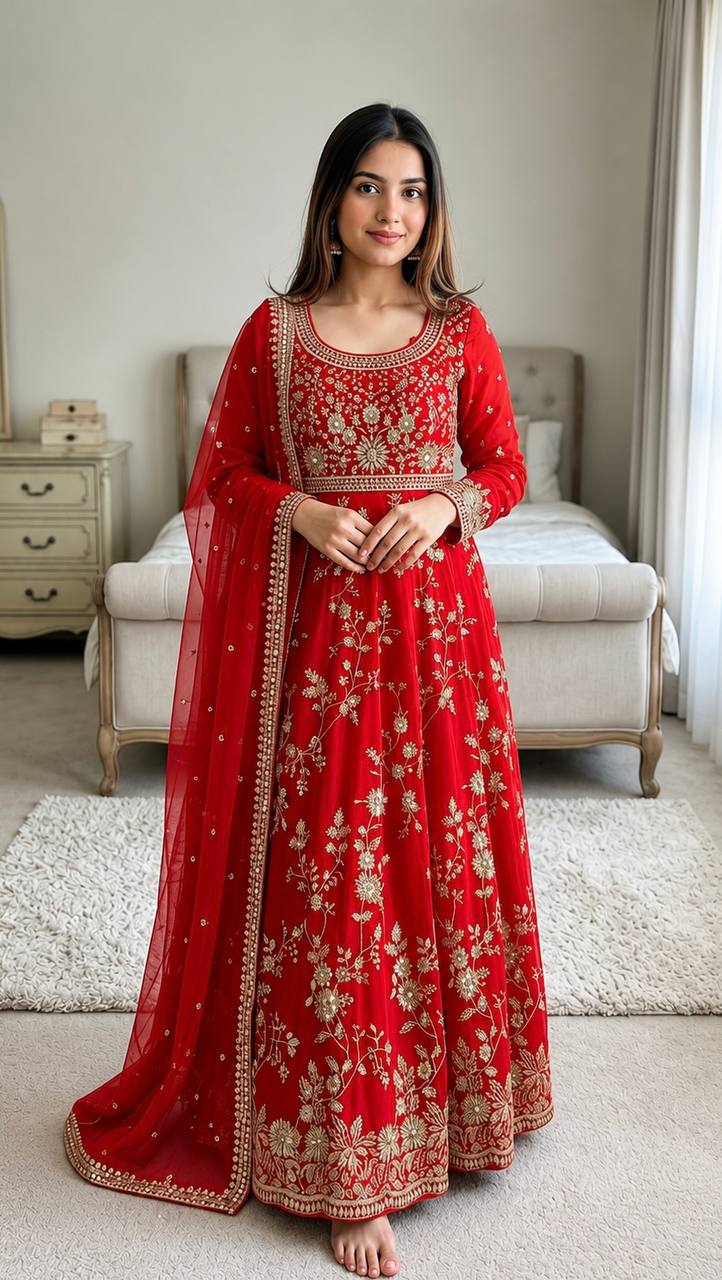 Intricately Embroidered Crimson Red Anarkali Gown Suit Set with Net Dupatta
