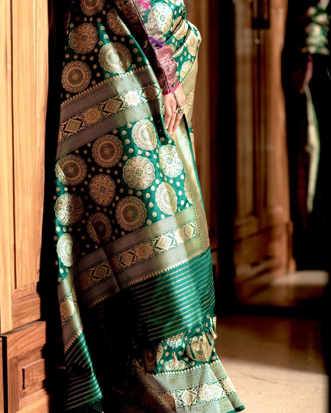 Green Banarasi Silk Saree with Gold Zari Motifs