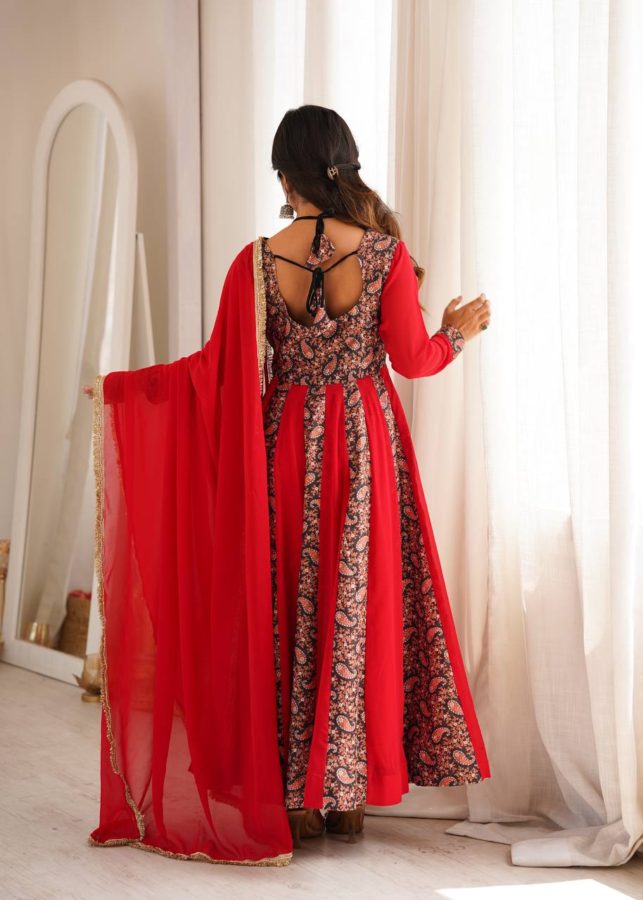 Red and Black Paisley Printed Anarkali Suit Set with Dupatta