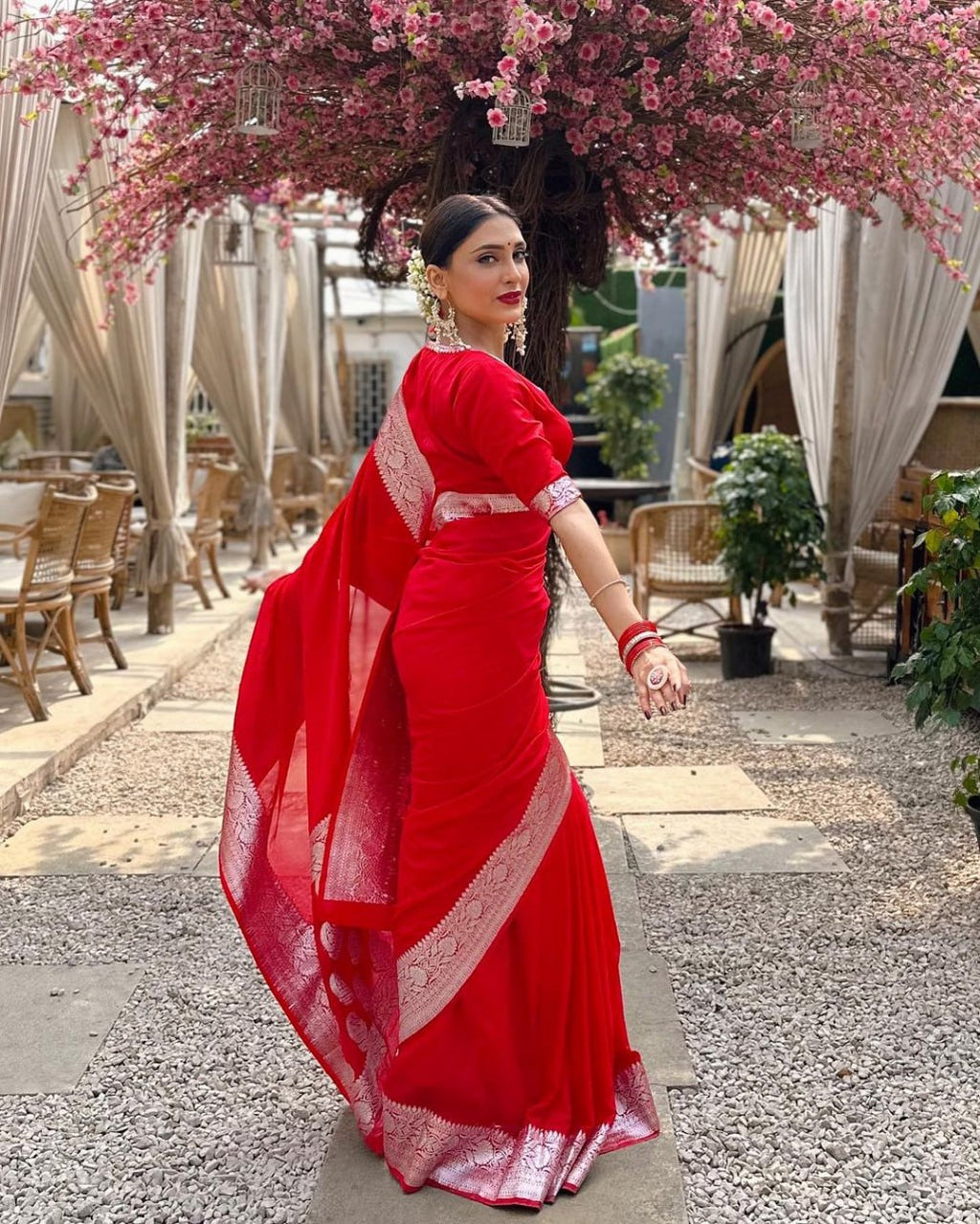 Bright Red Silk Saree with Silver Zari Border