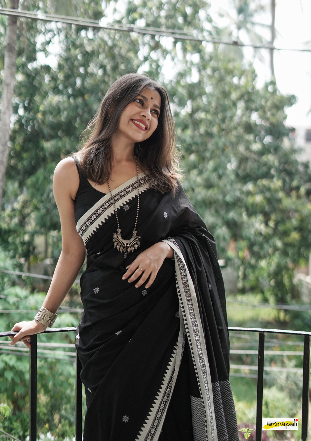 Black Cotton Saree with White Border