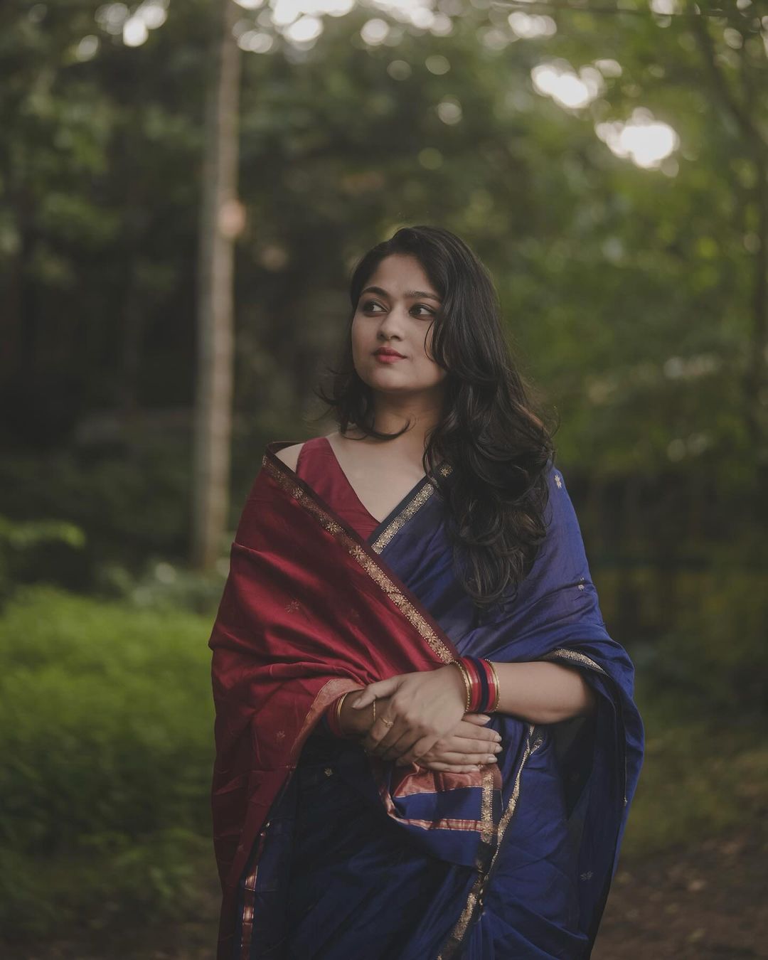 Royal Blue Saree with Red Pallu & Golden Border