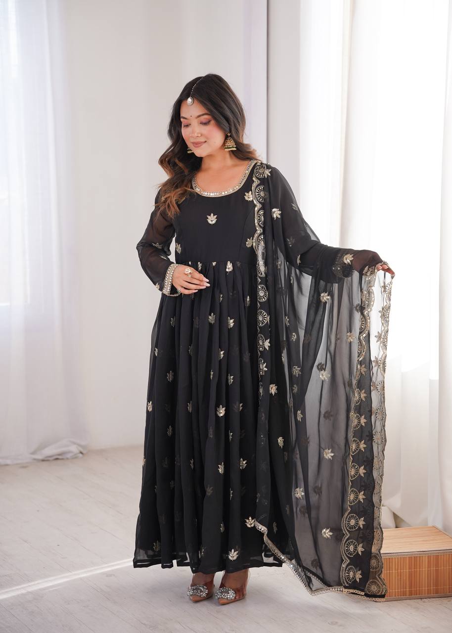 Black Georgette Embroidered Anarkali Suit Set with Cutwork Dupatta