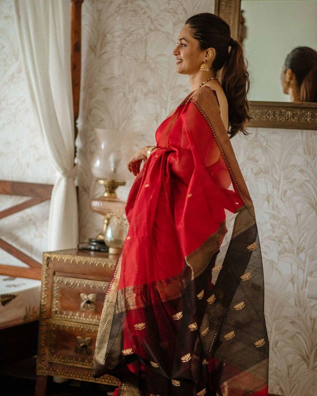 Red Silk Saree with Black & Gold Zari Pallu