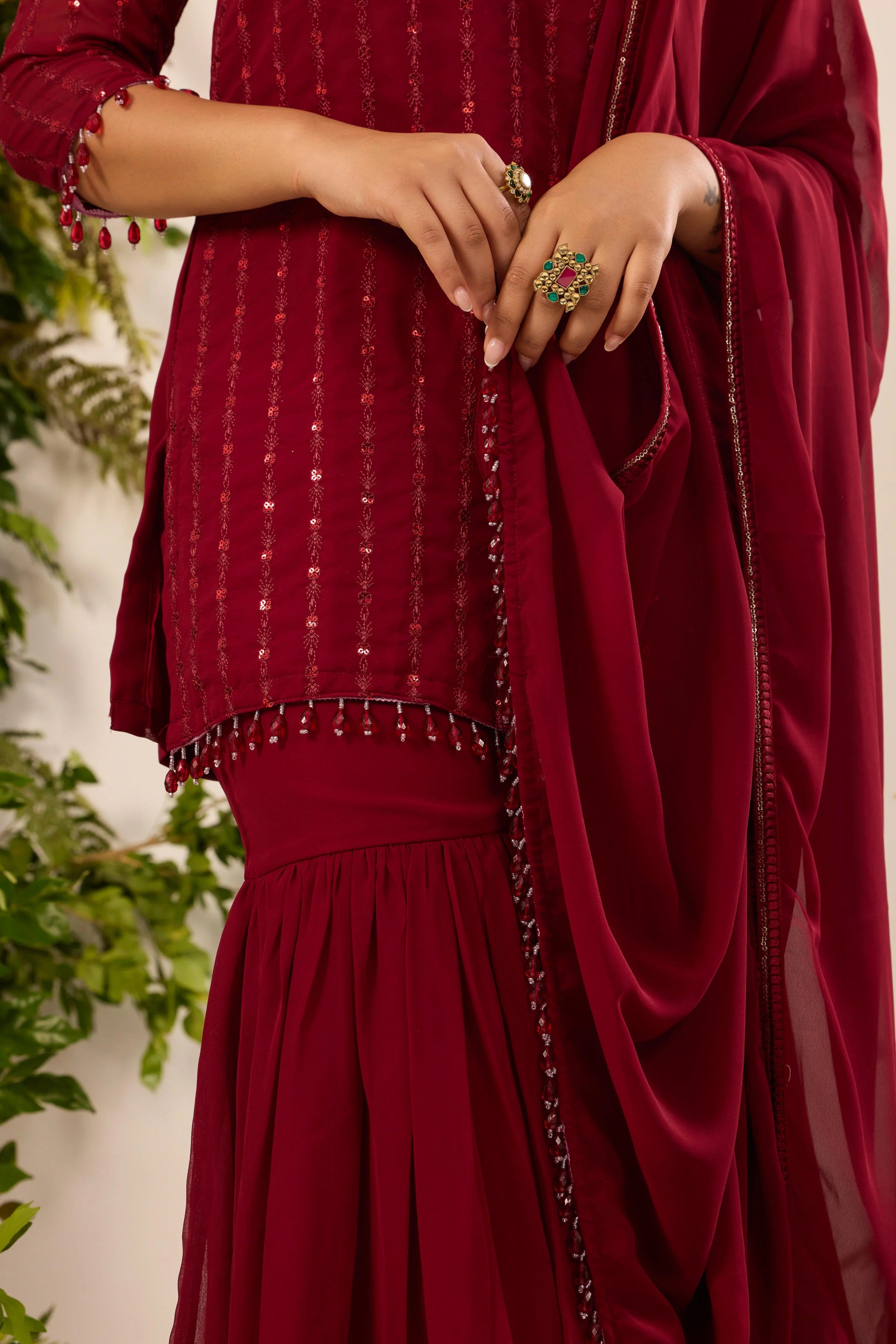 Elegant Maroon Georgette Sequin Embroidery Kurti with Pleated Sharara Pants & Matching Dupatta Set for Women