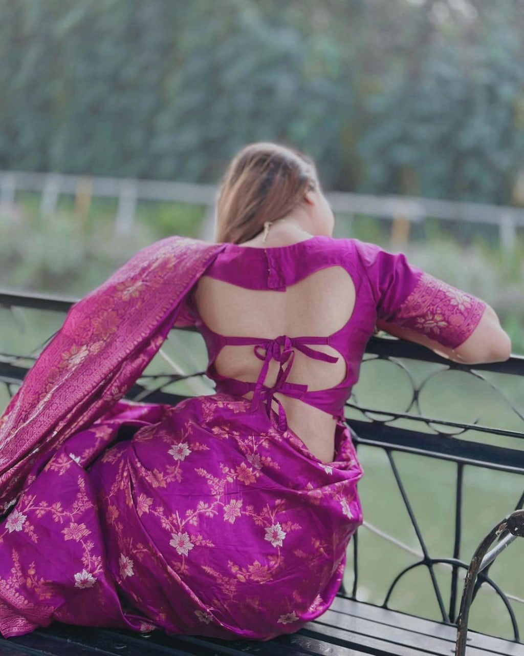 Purple Silk Saree with Gold Floral Motifs
