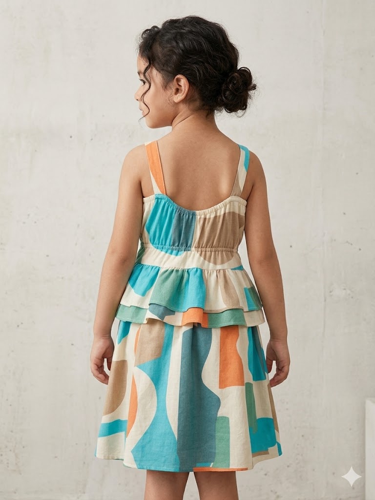 Girls Abstract Geometric Printed Halter Neck Tiered A-Line Dress