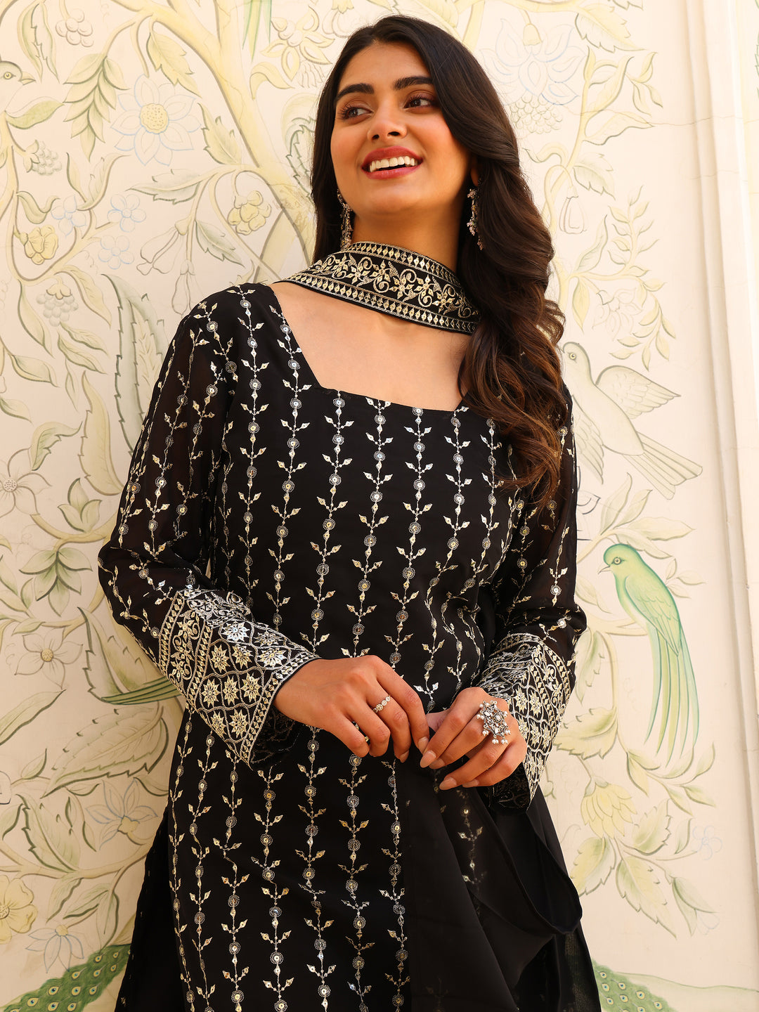 Black Embroidered Kurta Set with Dupatta for Women