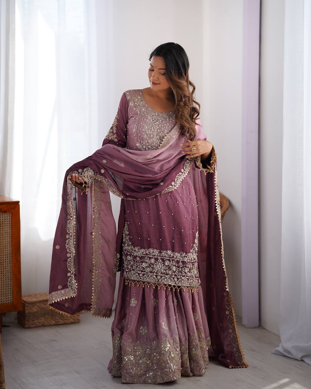 Ombre Dual-Shade Silk Blend Embroidered Kurti with Flared Sharara Pants & Dupatta Set for Women