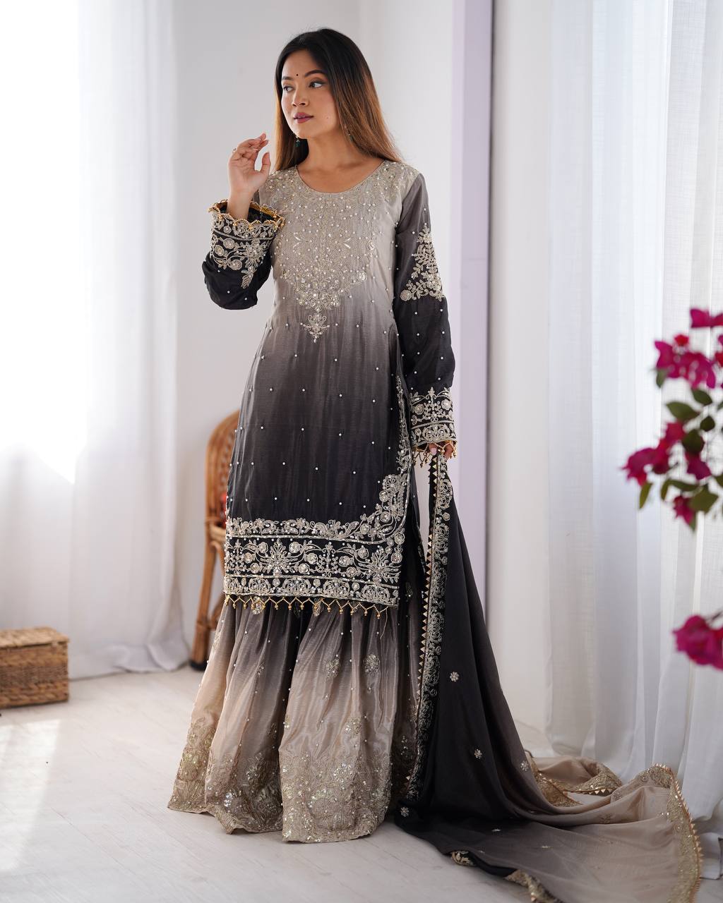 Ombre Dual-Shade Silk Blend Embroidered Kurti with Flared Sharara Pants & Dupatta Set for Women