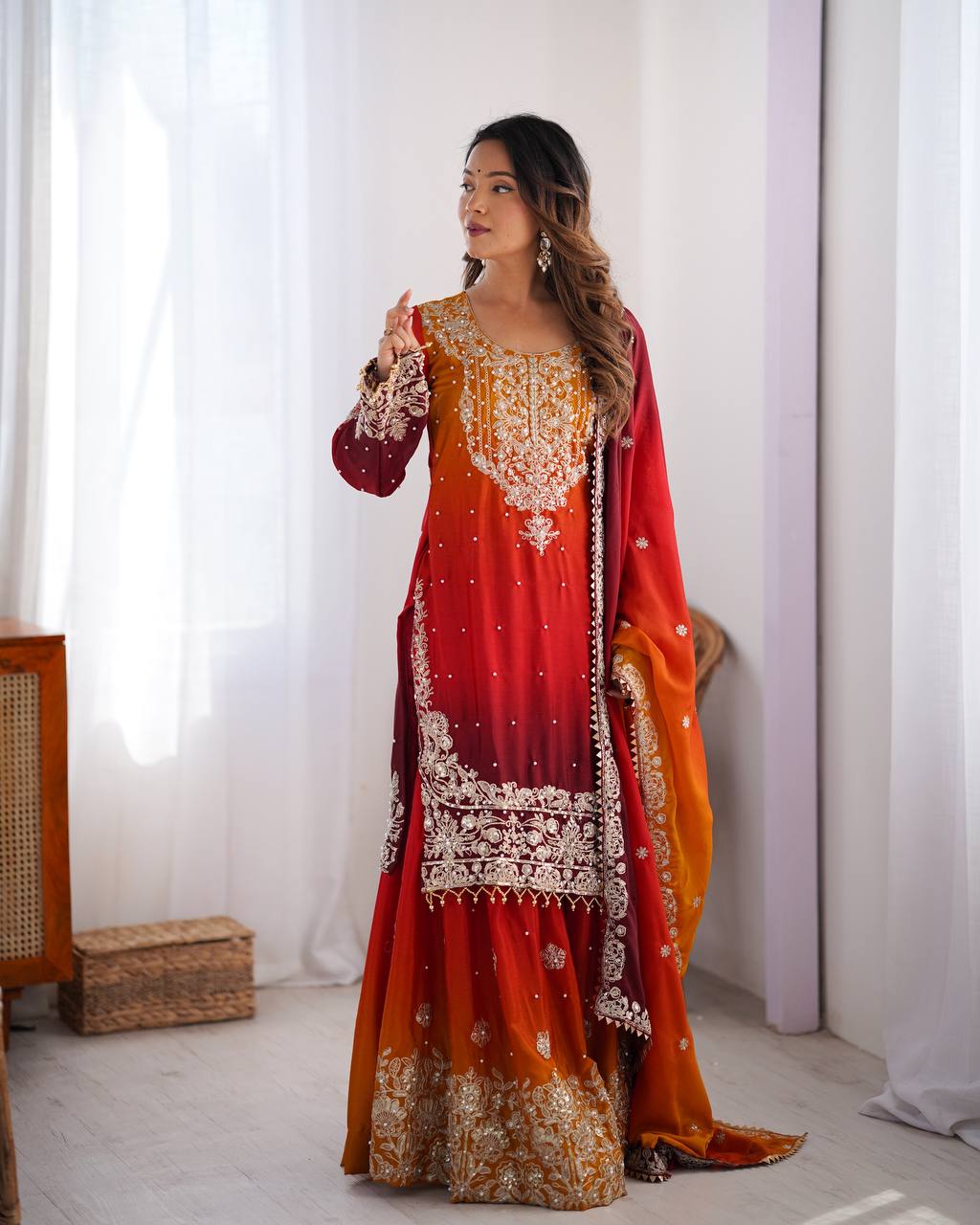 Ombre Dual-Shade Silk Blend Embroidered Kurti with Flared Sharara Pants & Dupatta Set for Women