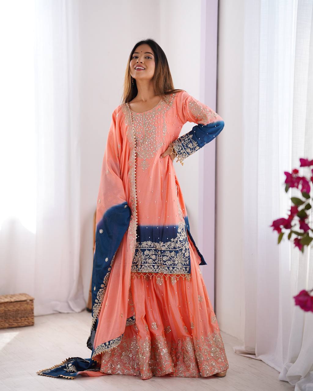 Ombre Dual-Shade Silk Blend Embroidered Kurti with Flared Sharara Pants & Dupatta Set for Women