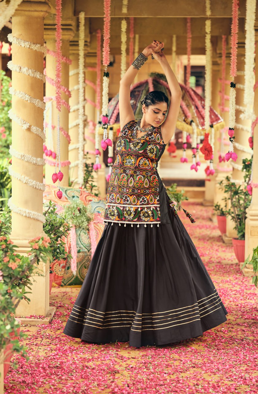 Black Lehenga Set with Multicolor Embroidered Top