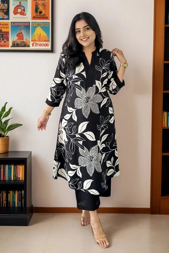 Black White Floral Kurta Set for Women