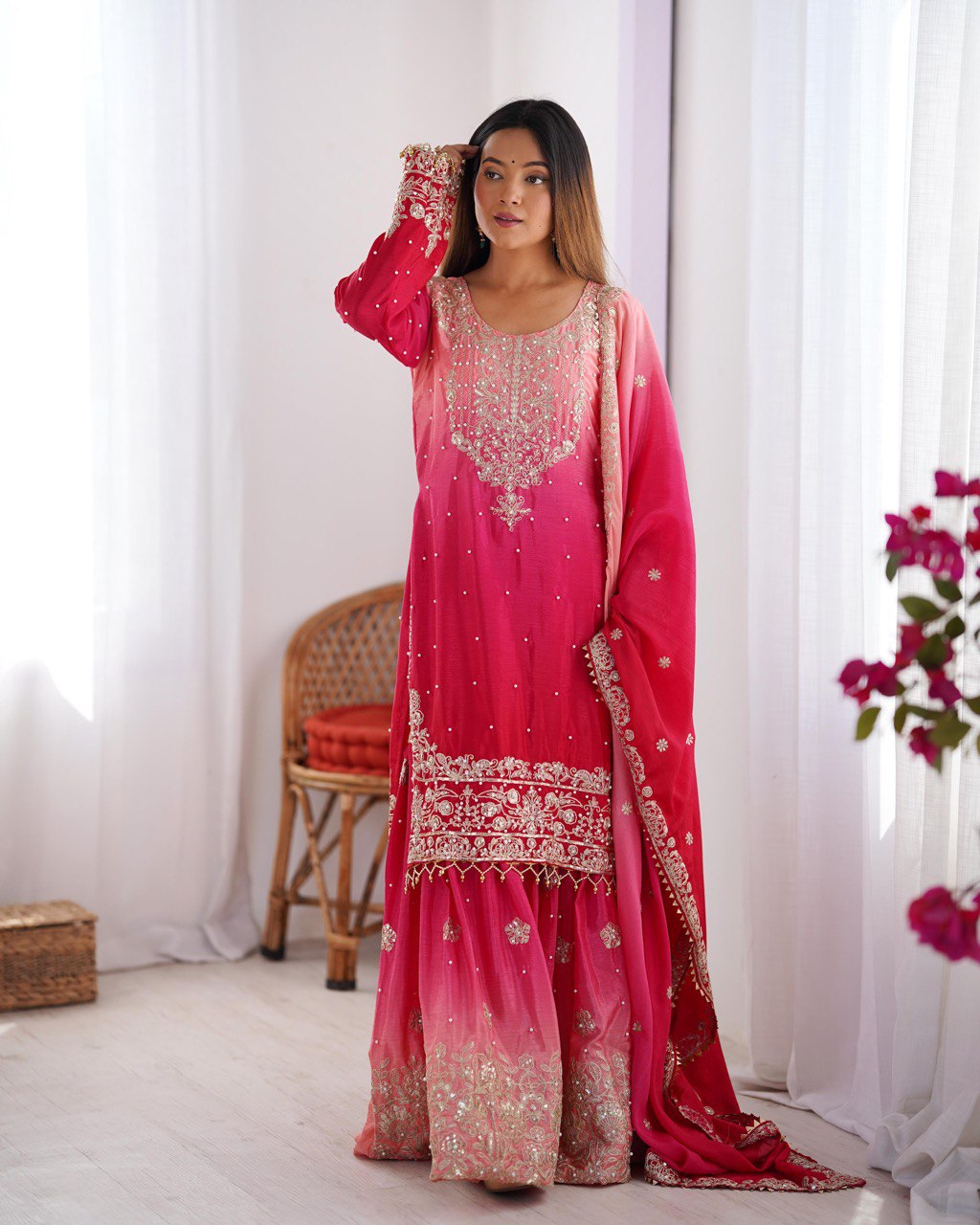 Ombre Dual-Shade Silk Blend Embroidered Kurti with Flared Sharara Pants & Dupatta Set for Women