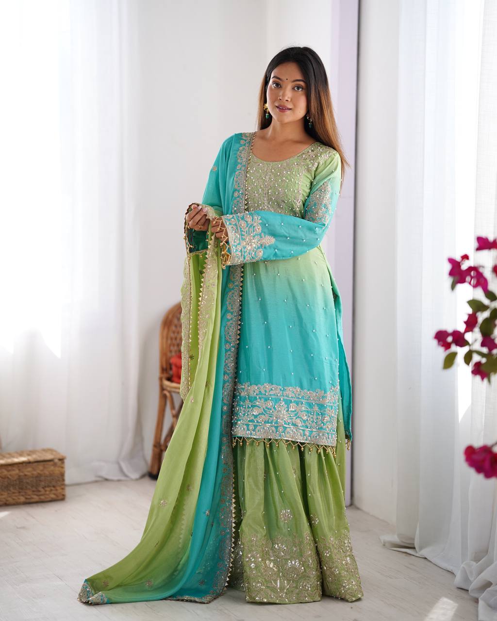 Ombre Dual-Shade Silk Blend Embroidered Kurti with Flared Sharara Pants & Dupatta Set for Women