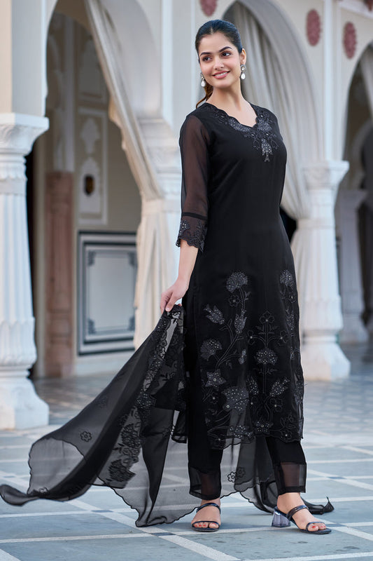 Elegant Black Embroidered Kurta Set for Women – Party & Festive Ethnic Wear