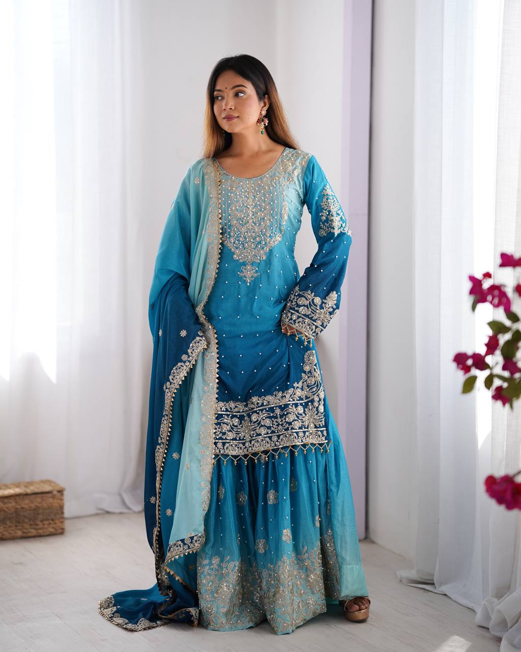 Ombre Dual-Shade Silk Blend Embroidered Kurti with Flared Sharara Pants & Dupatta Set for Women