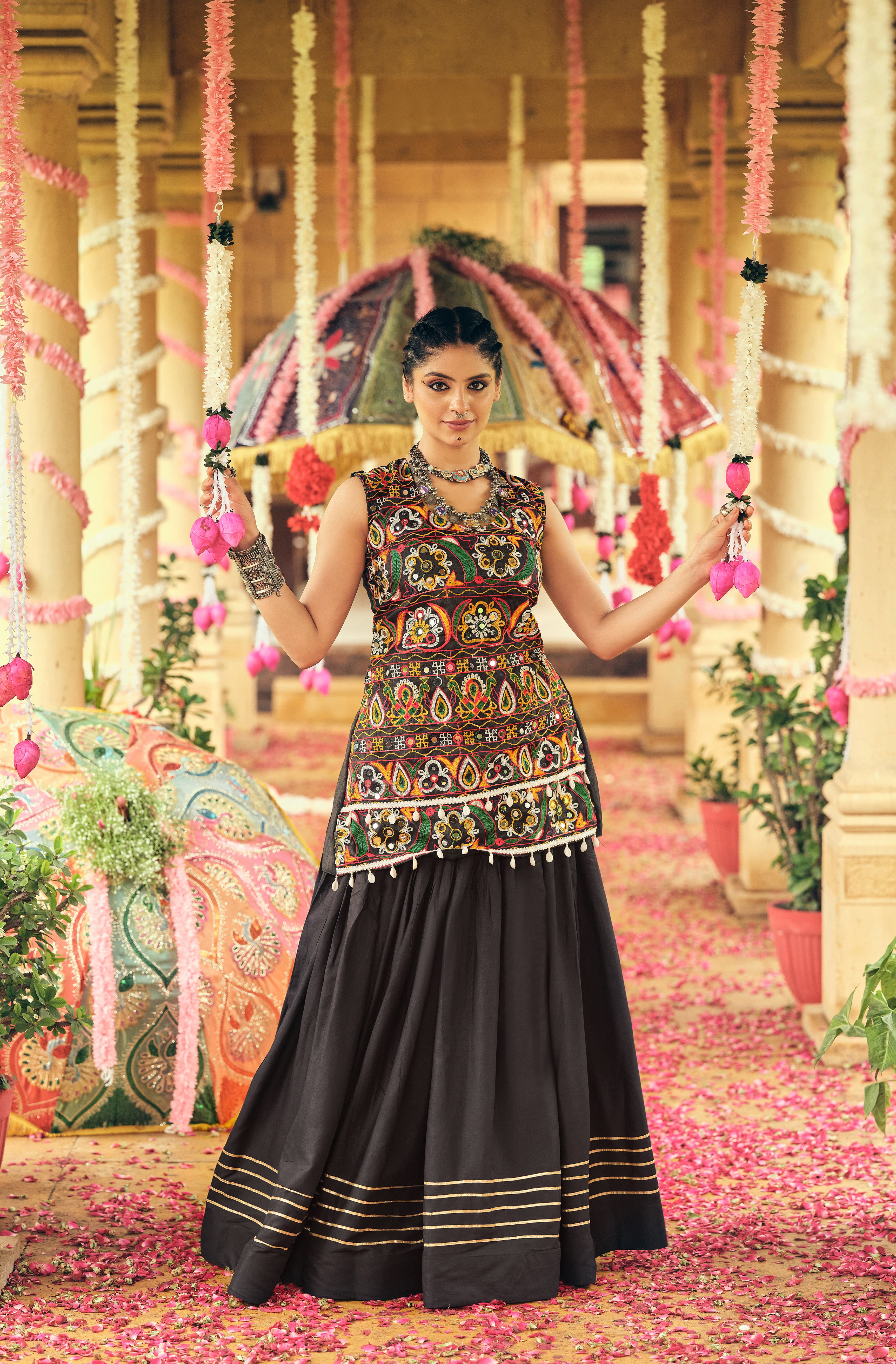 Black Lehenga Set with Multicolor Embroidered Top