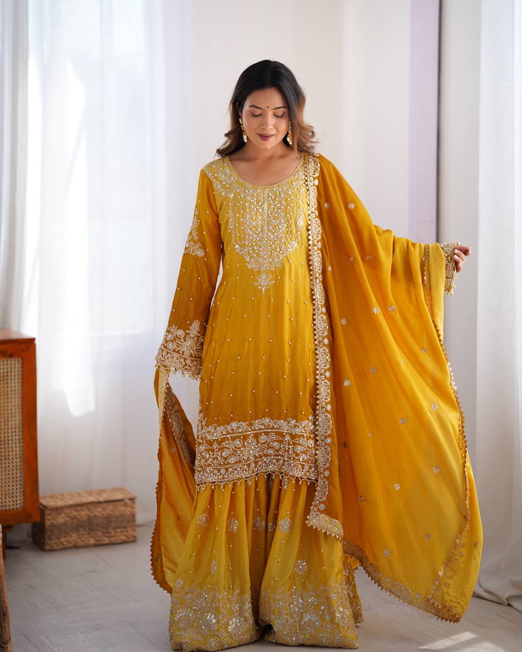 Ombre Dual-Shade Silk Blend Embroidered Kurti with Flared Sharara Pants & Dupatta Set for Women