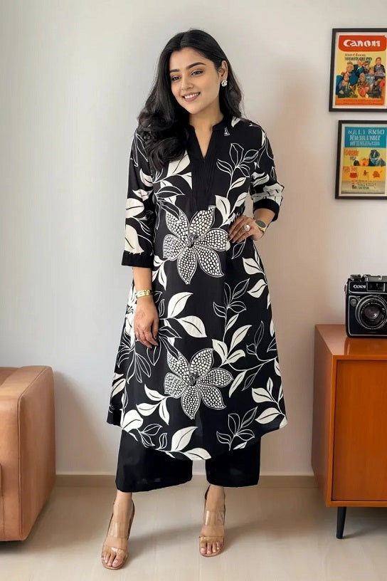 Black White Floral Kurta Set for Women