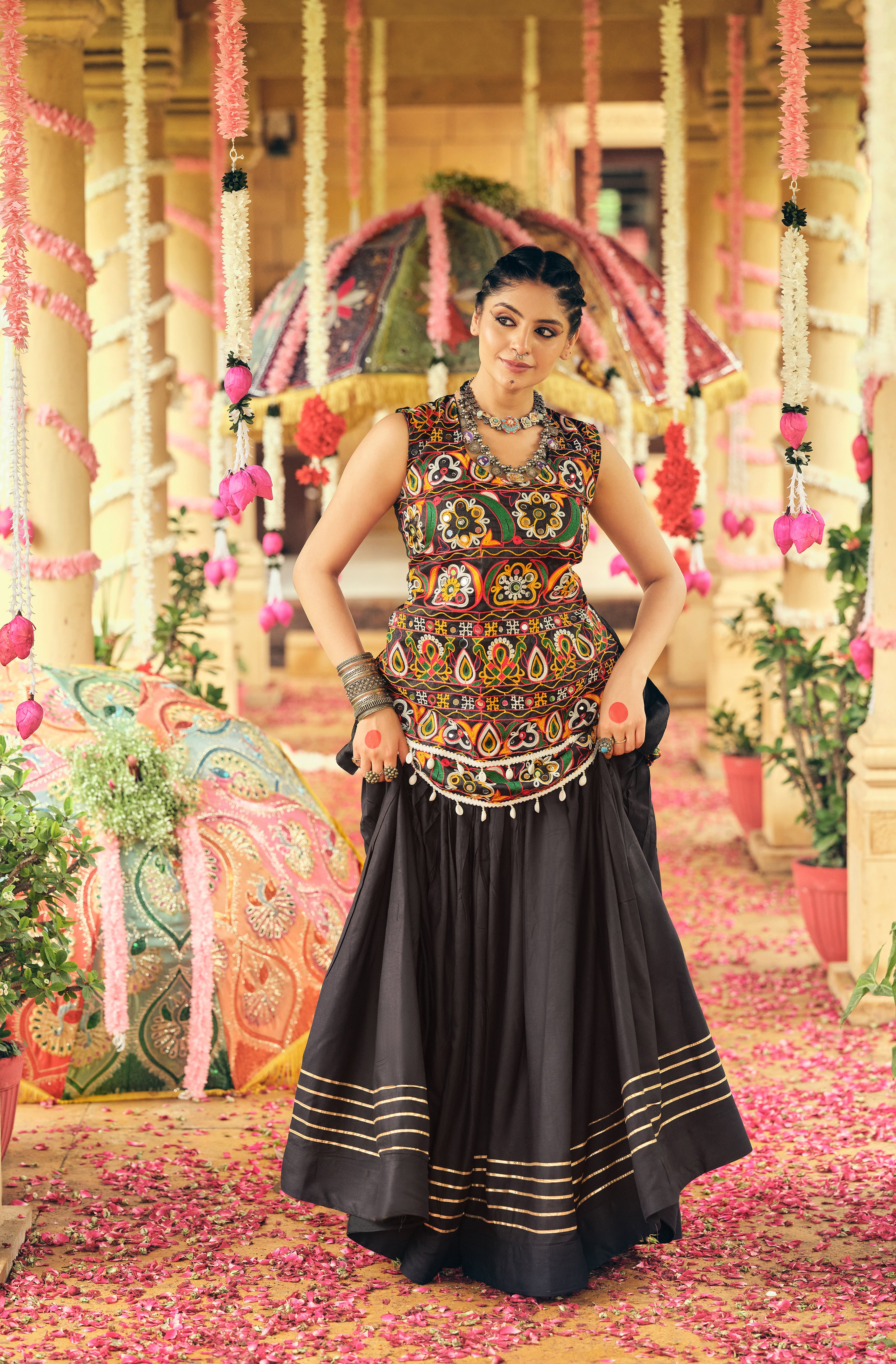 Black Lehenga Set with Multicolor Embroidered Top