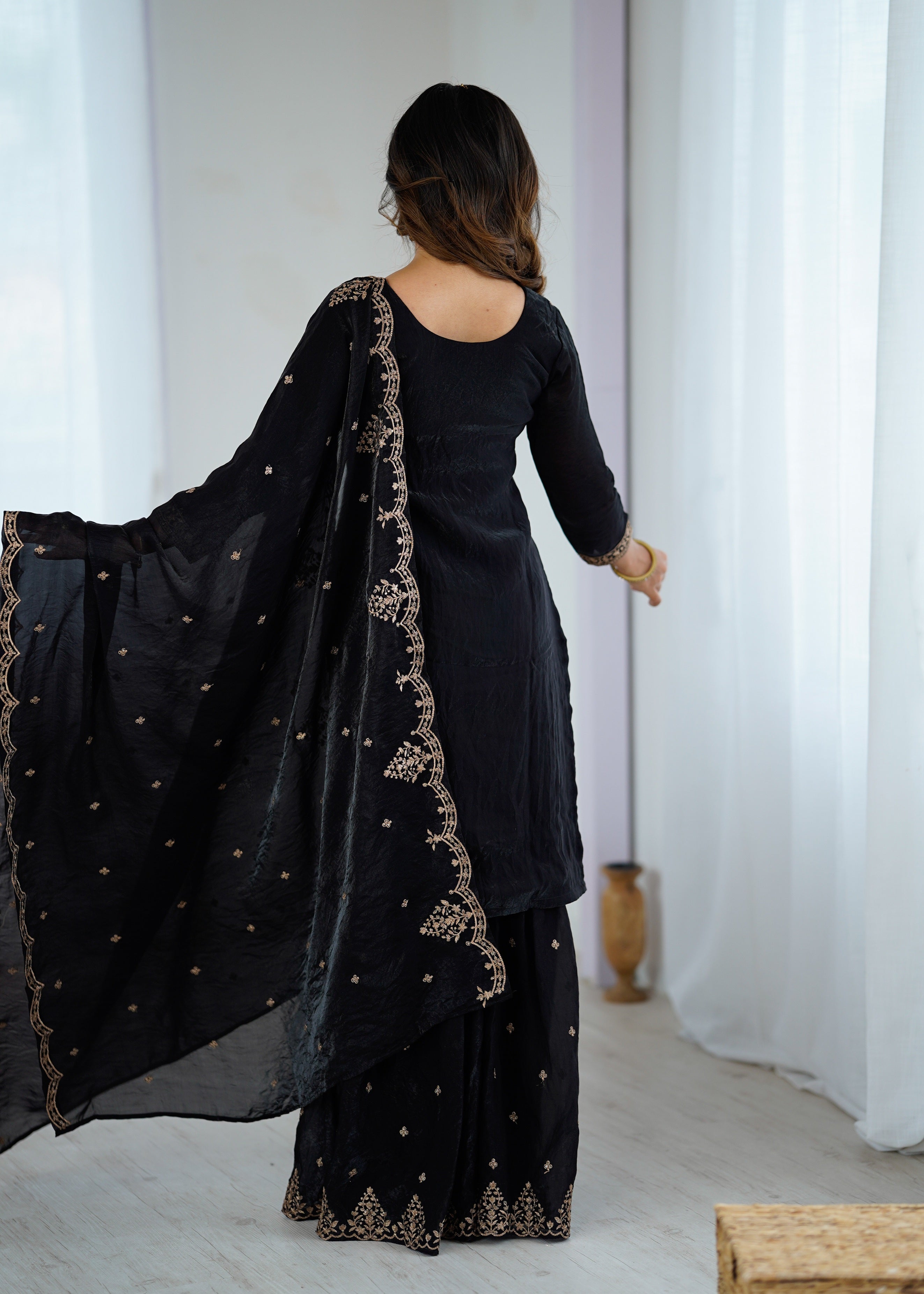 Black Kurta Set with Sharara & Dupatta for Women