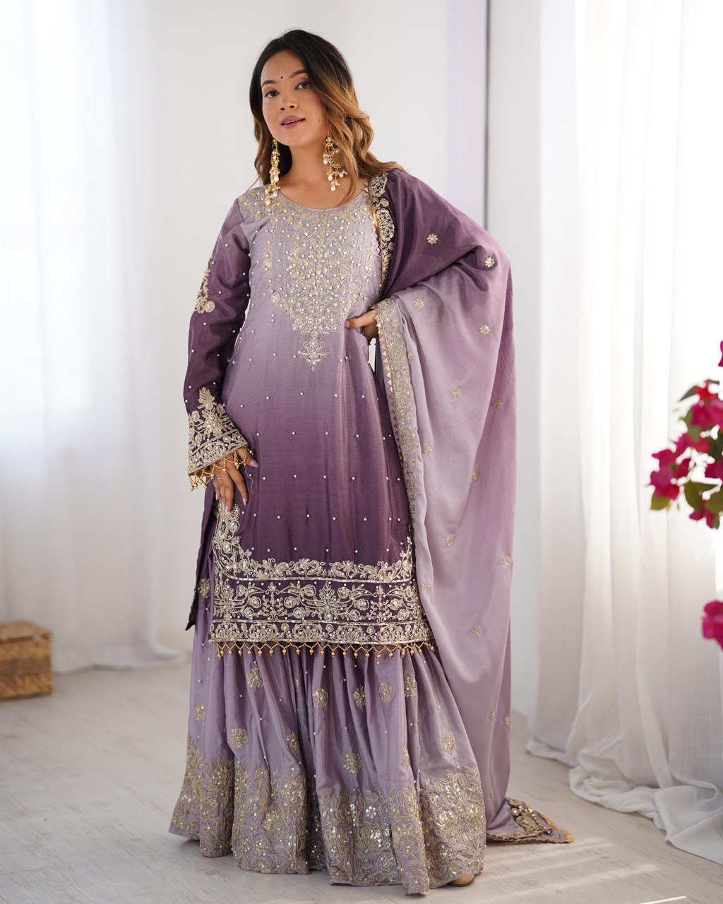 Ombre Dual-Shade Silk Blend Embroidered Kurti with Flared Sharara Pants & Dupatta Set for Women