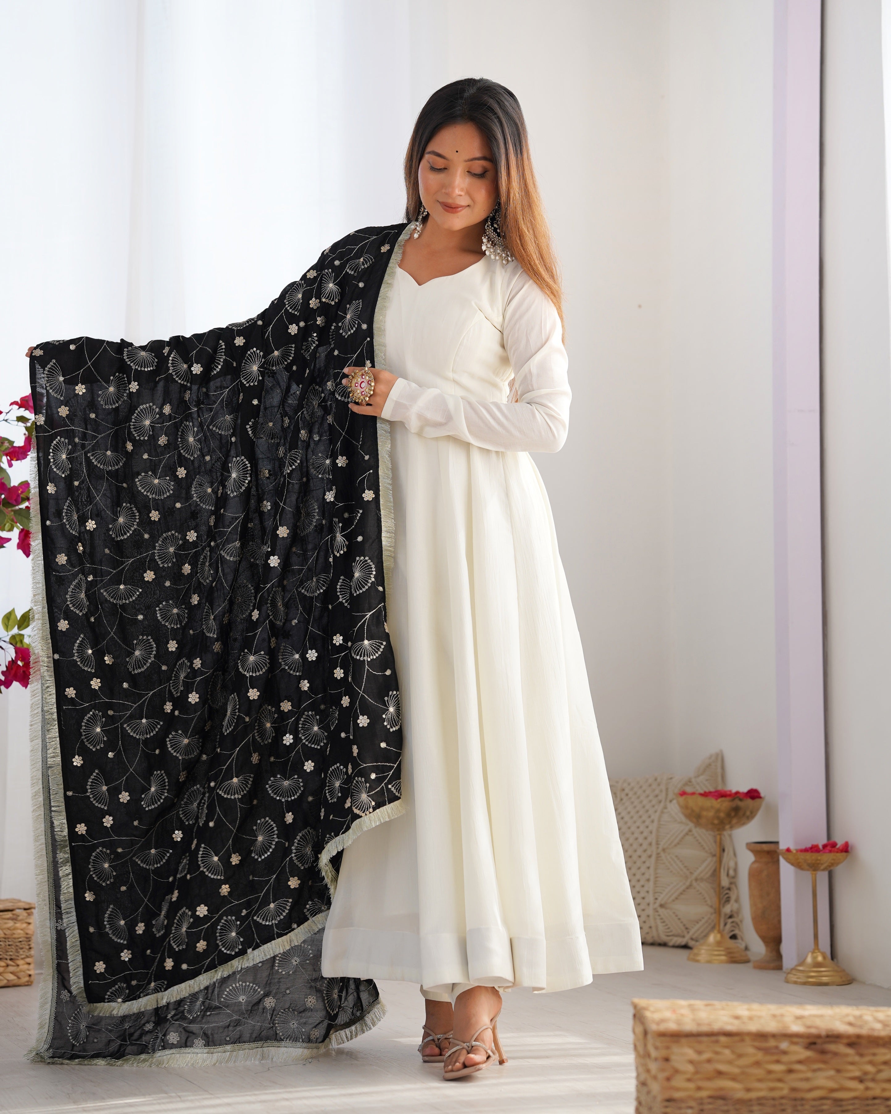 Elegant Off-White Silk Anarkali with Heavy Contrast Floral Embroidered Dupatta
