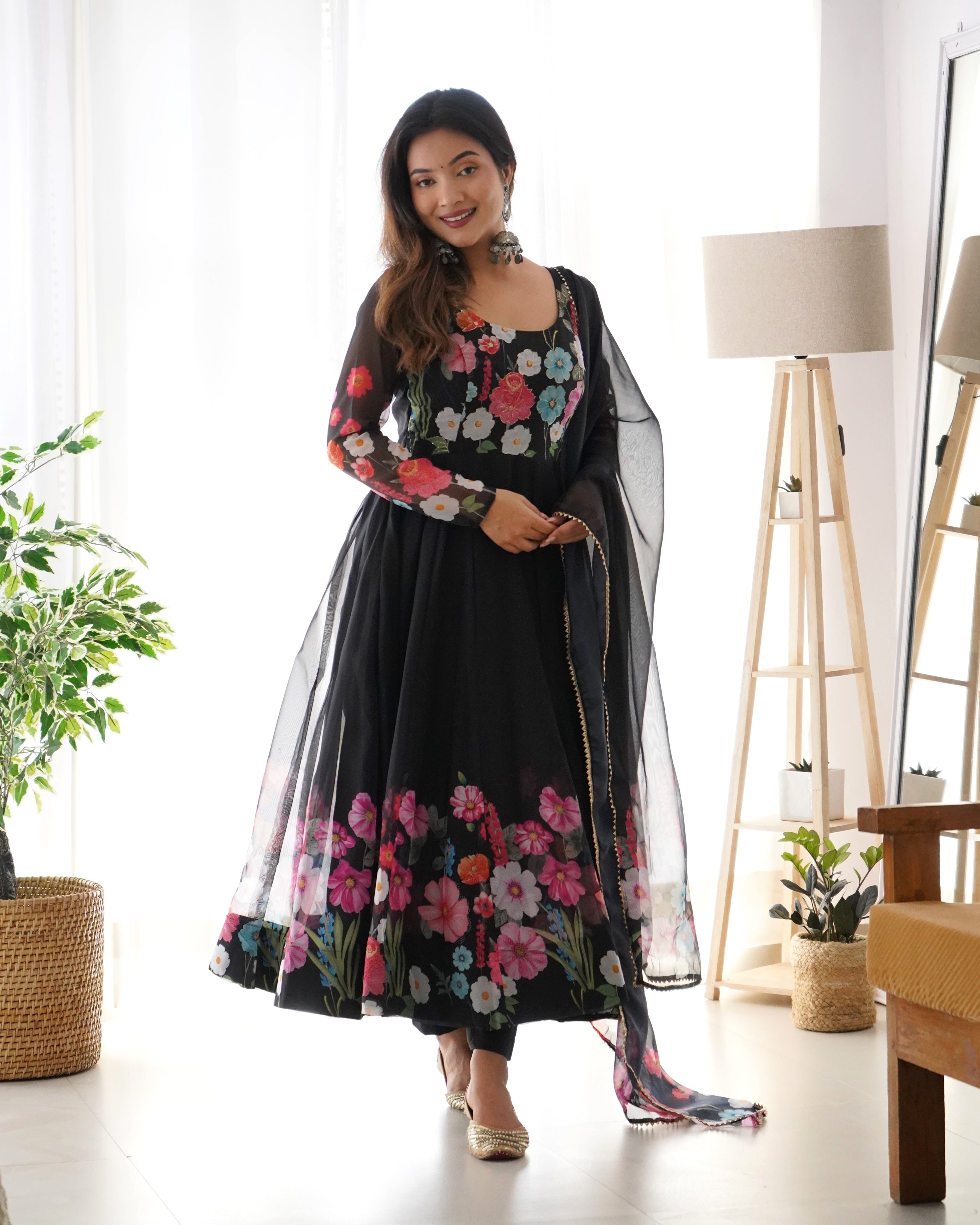 Hand-Floral Print Organza Silk Anarkali Suit Set
