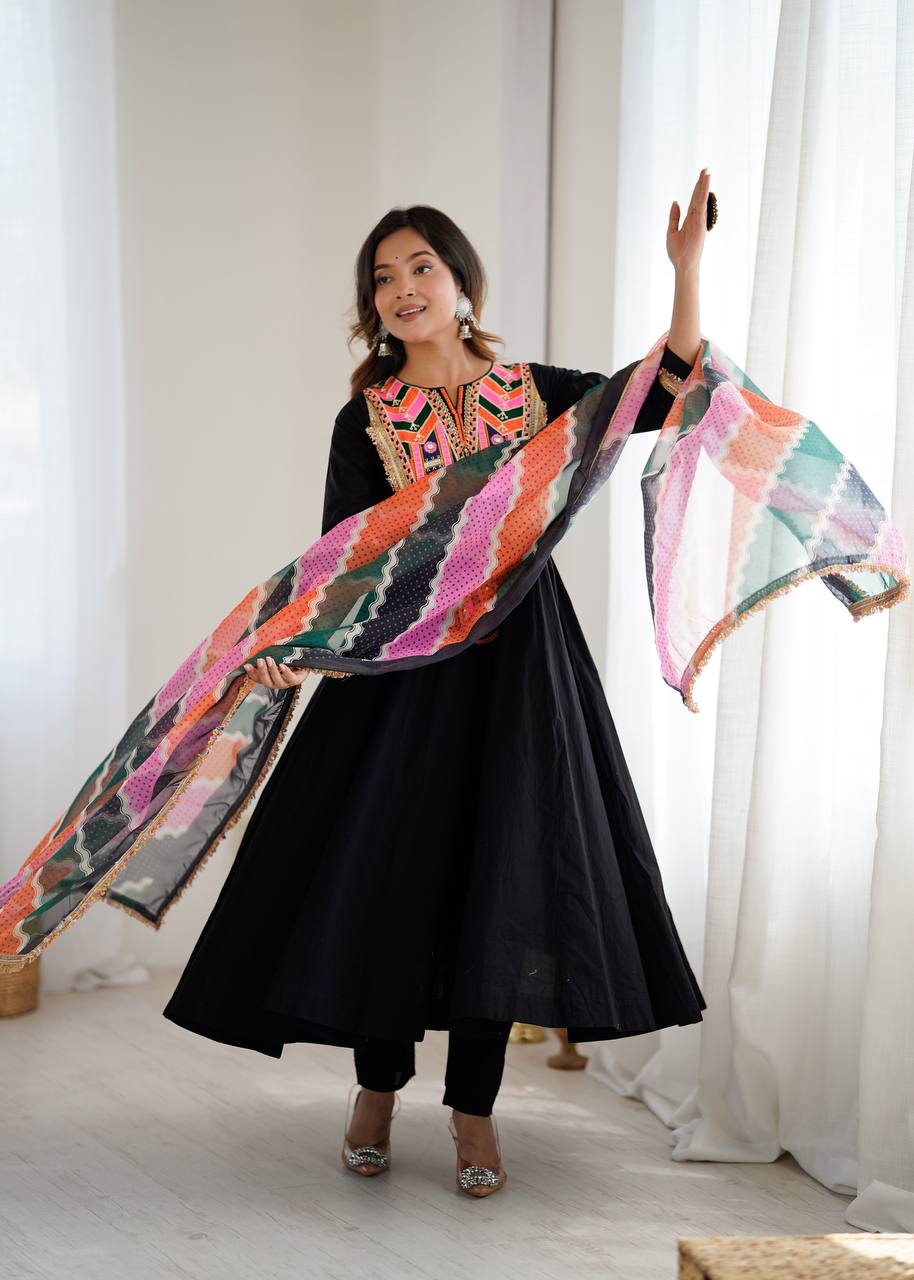 Women’s Ethnic Anarkali Suit Set with Embroidered Neckline and Colorful Dupatta